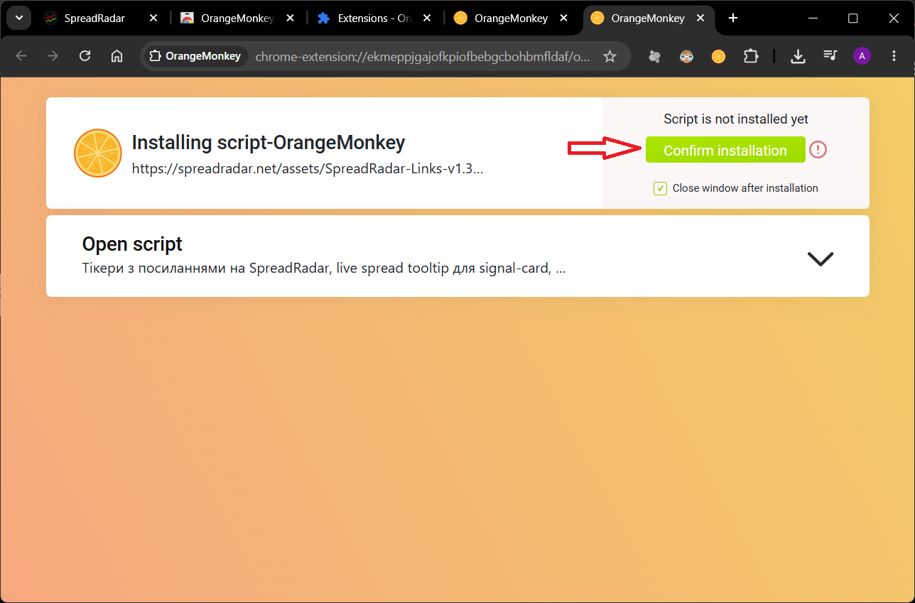 Confirming the script installation in OrangeMonkey