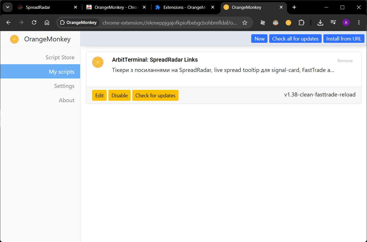 Installed ArbitTerminal SpreadRadar Links script