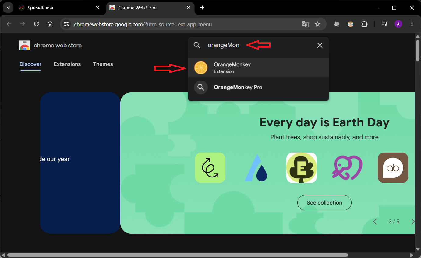 Searching for OrangeMonkey in Chrome Web Store