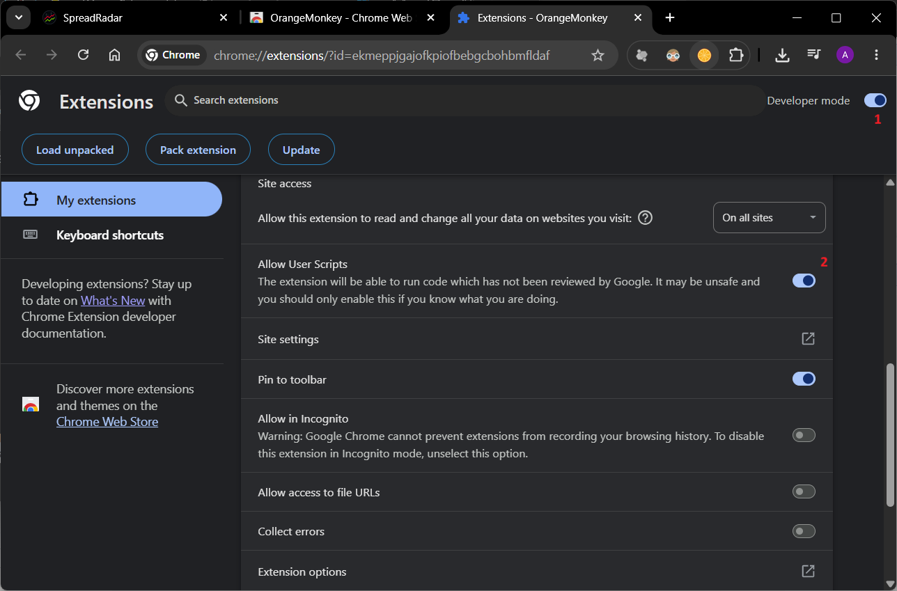Enabling Developer mode and Allow User Scripts